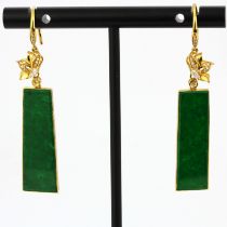 A pair of 18ct yellow gold (tested) and jade drop earrings set with marquise and brilliant cut