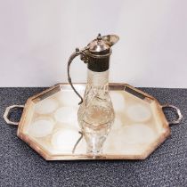 A stylish silver plated tray and a claret jug, tray W. 61cm.