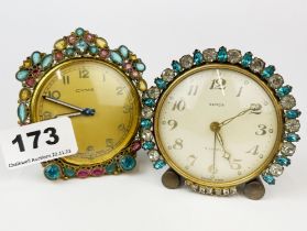 Two vintage stone set alarm clocks, H. 8cm.