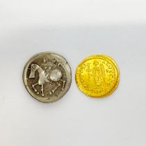 Antiquities interest: An early silver coin, together with an Anastasius I gold coin.