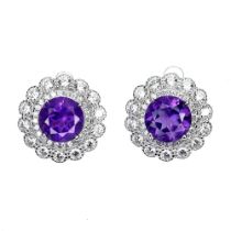 A pair of 925 silver cluster earrings set with round cut amethysts and white stones, Dia. 1.5cm.