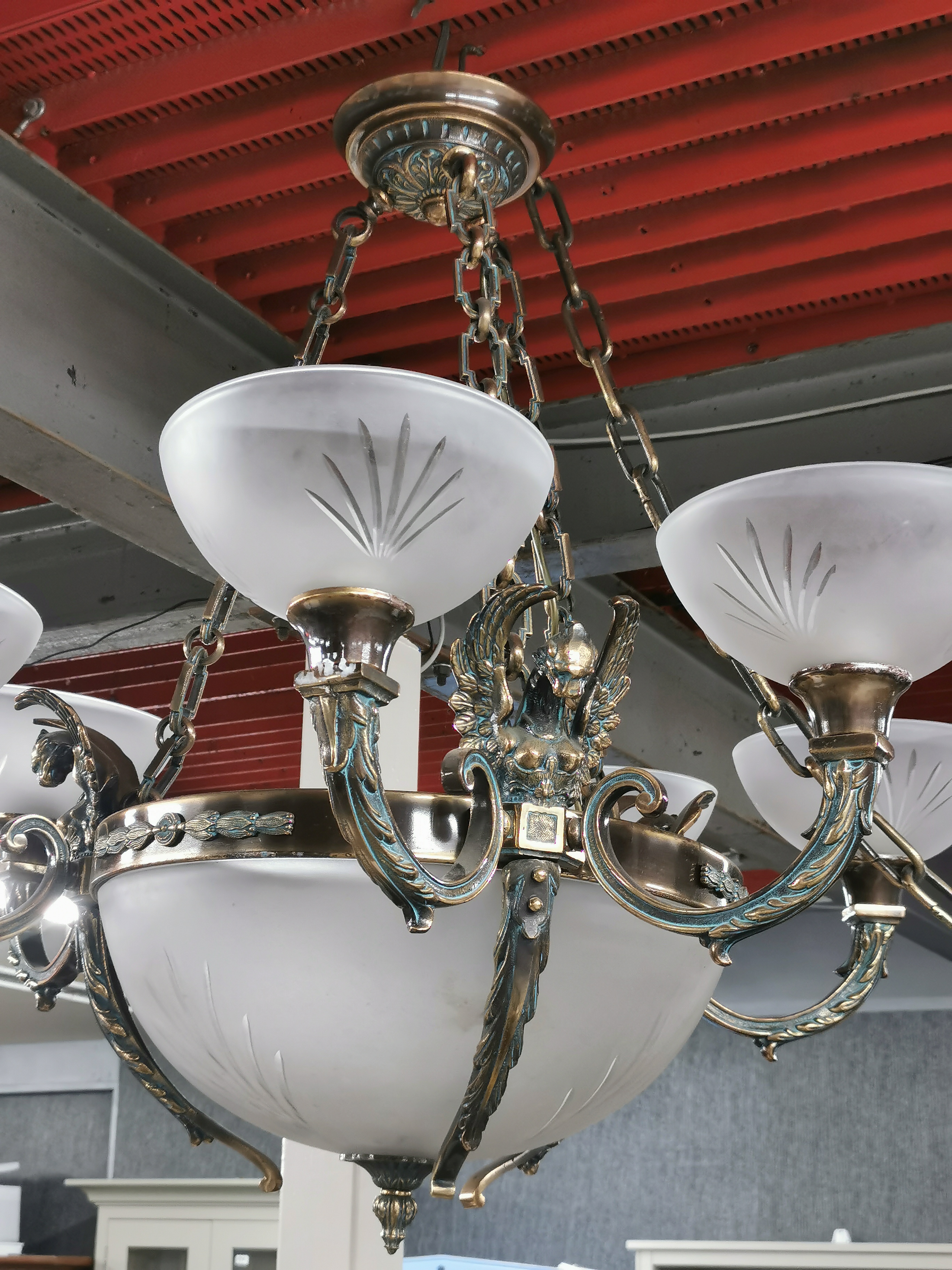 A superb large bronze and cut frosted glass ceiling light, Dia. 96cm. - Image 7 of 8