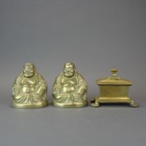 A 19th century polished brass casket, W. 14cm, together with two brass figures of the happy Buddha