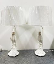 A pair of contemporary painted composition parrot table lamps and shades, with shade H. 74cm.