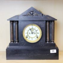 A 19th century French slate mantel clock, W. 35cm, H. 35cm.