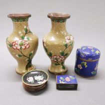 A pair of mid 20th century Chinese cloisonne enamelled vases, H. 19.5cm, A/F. Together with a