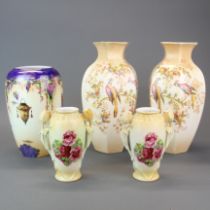 A pair of Crown Ducal vases, H. 29cm (one A/F to rim). Together with a Kiralpo ware Japanese