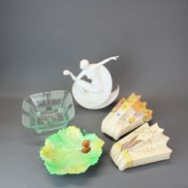 Two Art Deco wall pockets, together with an Art Deco style figure, Art Deco glass bowl and a Carlton