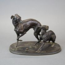 An early French bronze figure of two greyhounds after P J Mene, W. 21cm, H. 15cm.