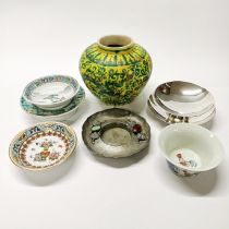 A group of Chinese porcelain and metal items, largest Dia. 14cm.