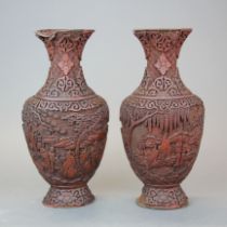 A rare pair of very early Chinese carved cinnabar vases (probably Ming dynasty) H. 26cm.