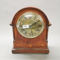 An Edwardian inlaid mahogany striking mantel clock, H. 34cm.
