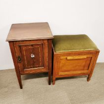 An inlaid mahogany bedside cabinet together with an oak stool with inside magazine/sheet music