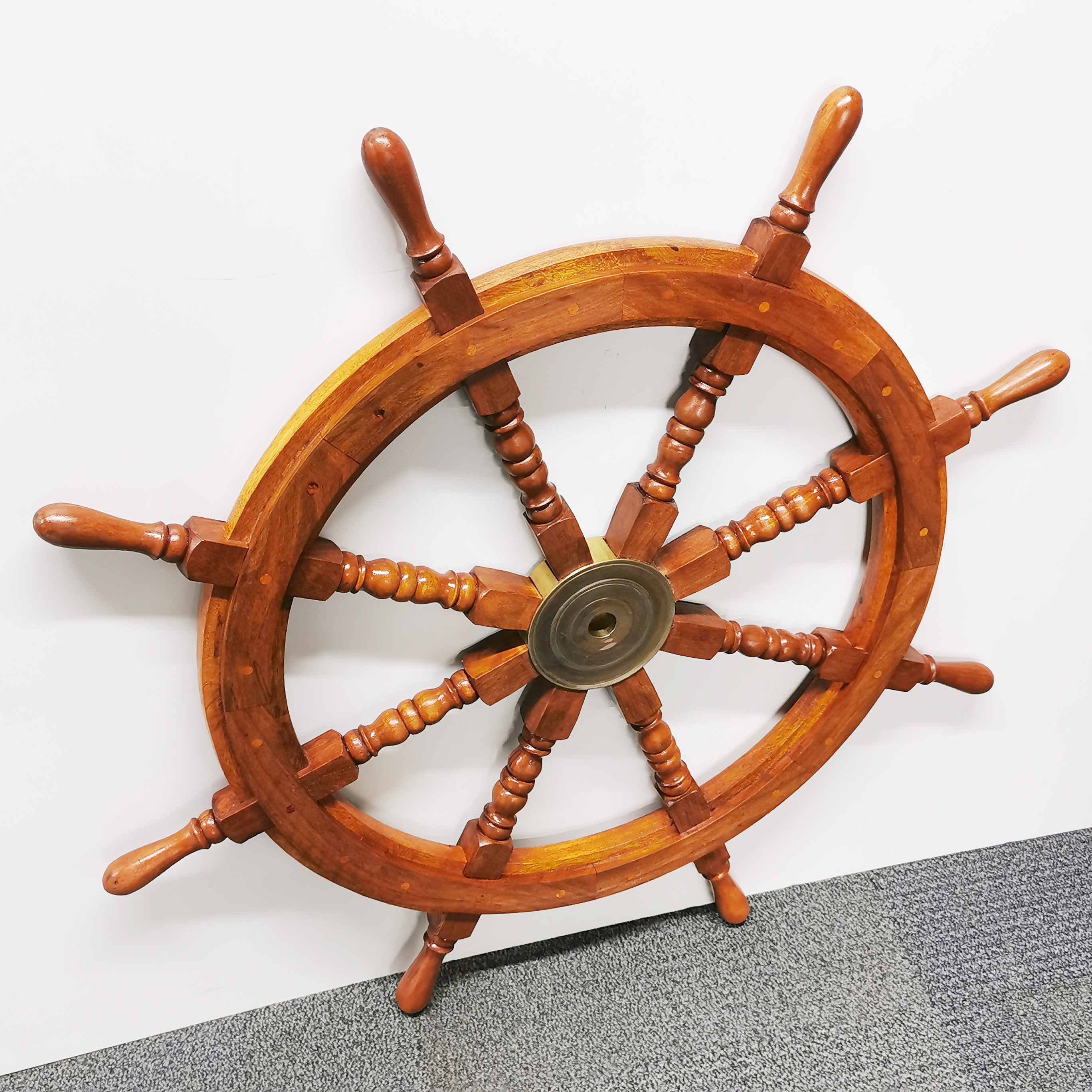 A brass and wood ships wheel, Dia. 90cm. - Image 2 of 2
