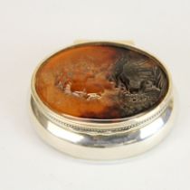 A lovely 19th century Chester hallmarked silver box with carved tortoise shell lid, depicting Queen