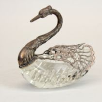 A silver mounted cut crystal swan bowl with articulated wings. Old style 925 hallmark. 13 x 13 x