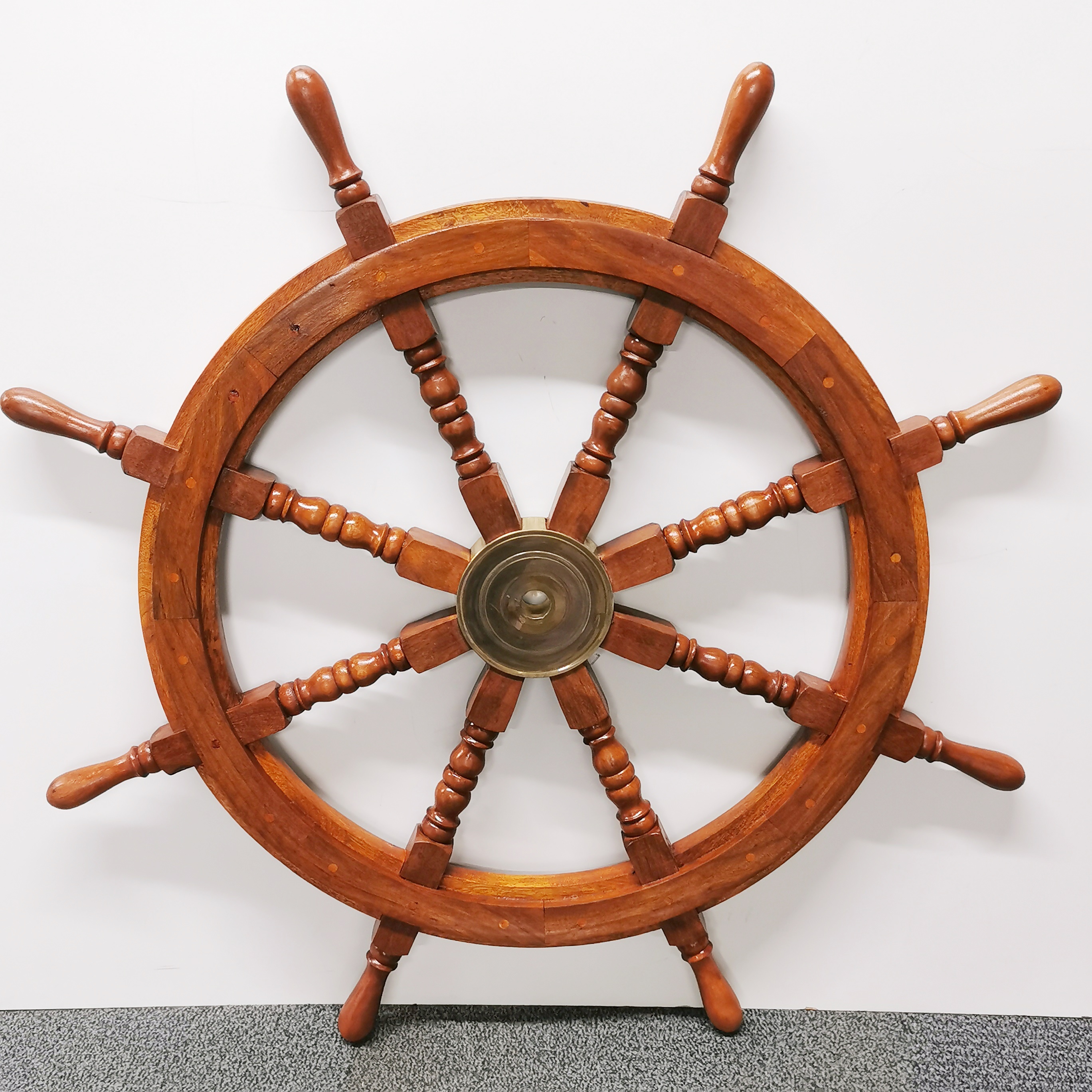 A brass and wood ships wheel, Dia. 90cm.