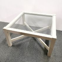 A plate glass topped handmade square coffee table, 76 x 76 x 39cm.