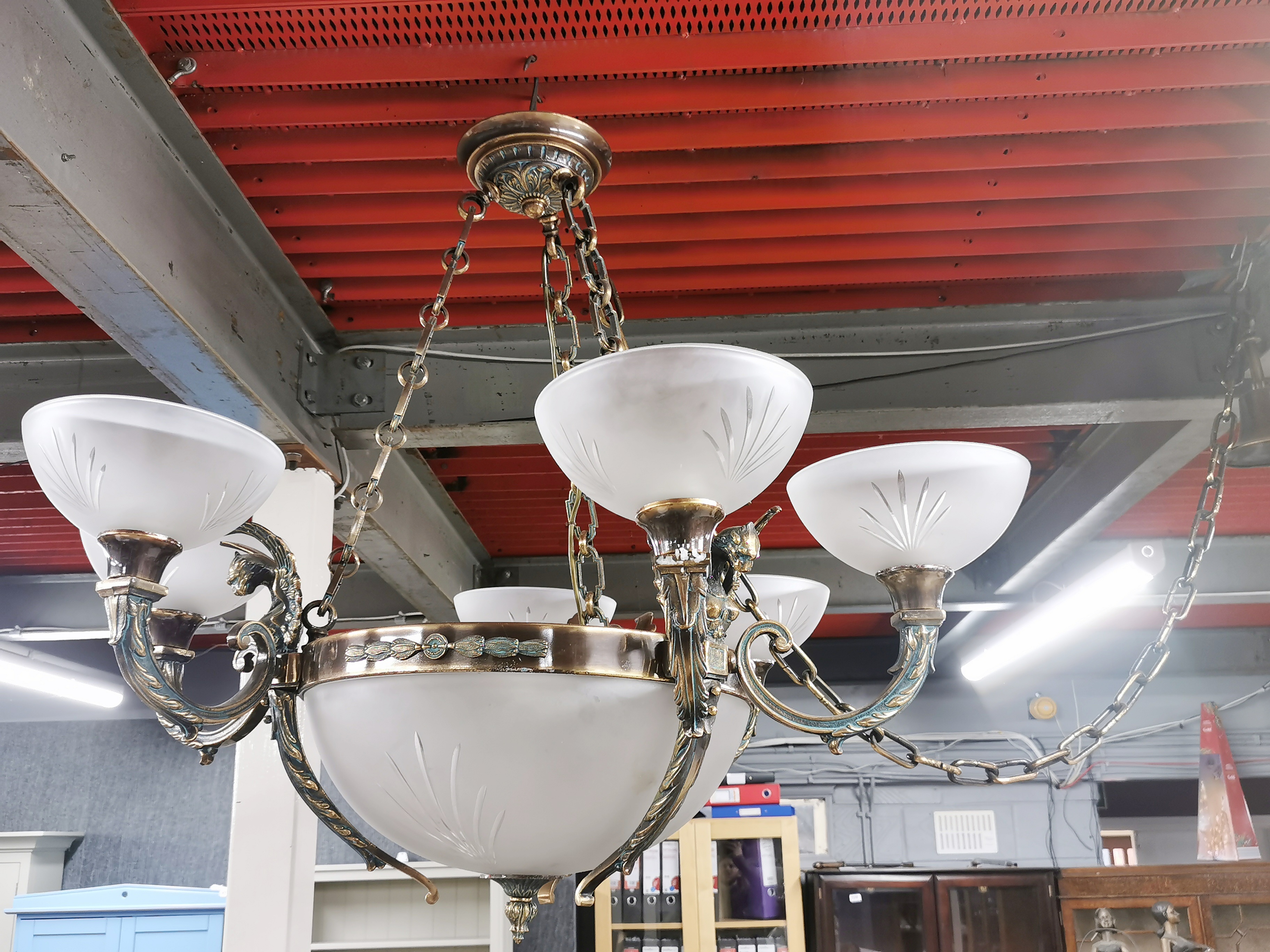A superb large bronze and cut frosted glass ceiling light, Dia. 96cm.