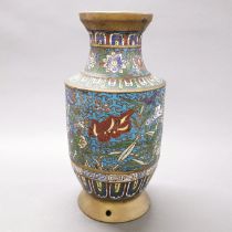 An early 20th century Chinese cloisonne enamelled vase, H. 31cm. Drilled as a lamp base.