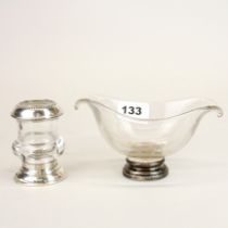 A sterling silver mounted crystal sauceboat, together with a further sterling silver mounted crystal