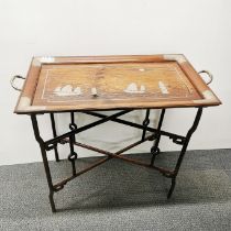 An early 20th century Chinese silver inlaid hardwood tray and stand, handle to handle 83 x 43cm.