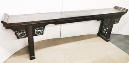 A very long Chinese carved hardwood recessed-leg altar table, L. 300cm D. 43cm H. 95cm. Slight