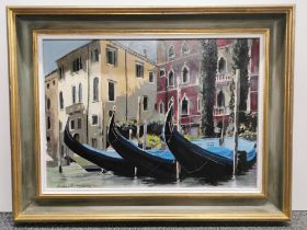 Robert Mowle "Three gondola - Venice" framed acrylic on panel, framed size 63 x 48cm.
