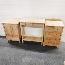 A pine single drawer console table together with a small pine bedside cabinet and a small pine