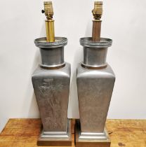 A pair of large mid 20th century Chinese engraved pewter table lamp bases, H. 62cm.