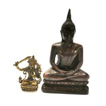A small Tibetan gilt brnze figure of a seated Tara, H. 7cm. Together with a resin figure of a seated