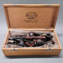 A collection of vintage tobacco pipes and shotgun lighter.