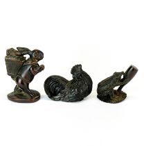 A group of 3 vintage resin replica netsukes, a hare with a basket, a cockeral and a frog on a