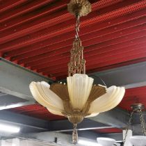 An original Art Deco metal and frosted glass ceiling light, H. 74cm, Dia. 46cm.