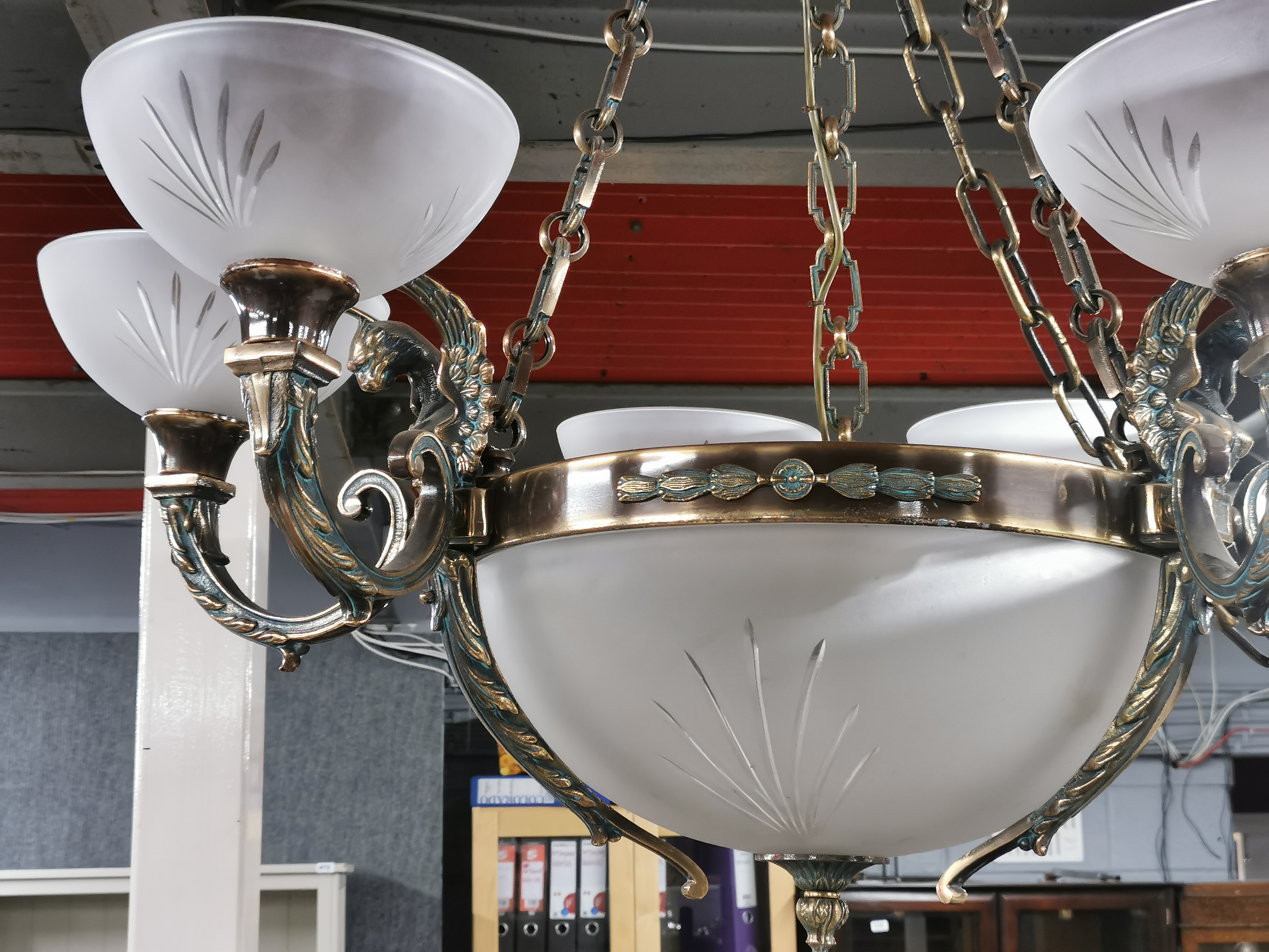 A superb large bronze and cut frosted glass ceiling light, Dia. 96cm. - Image 4 of 8