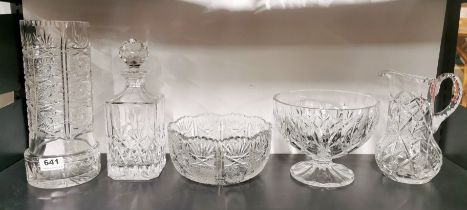 A group of five good cut crystal items, tallest 28cm.