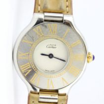 A lady's steel Must de Cartier wrist watch on a leather strap. D.2.5cms