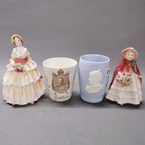 Two early Royal Doulton figurines and two coronation mugs.