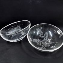 A large signed crystal and etched glass bowl, Dia. 30cm. Together with a further signed bowl.