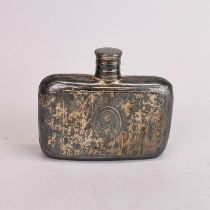 A hallmarked silver hip flask, W. 10cm, slightly a/f.