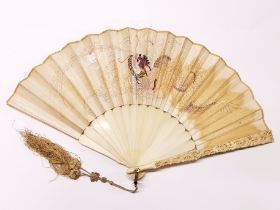 A 19th century Cantonese embroidered silk fan with original case, case L. 30cm.