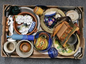 A box of mixed china, glassware and other items.