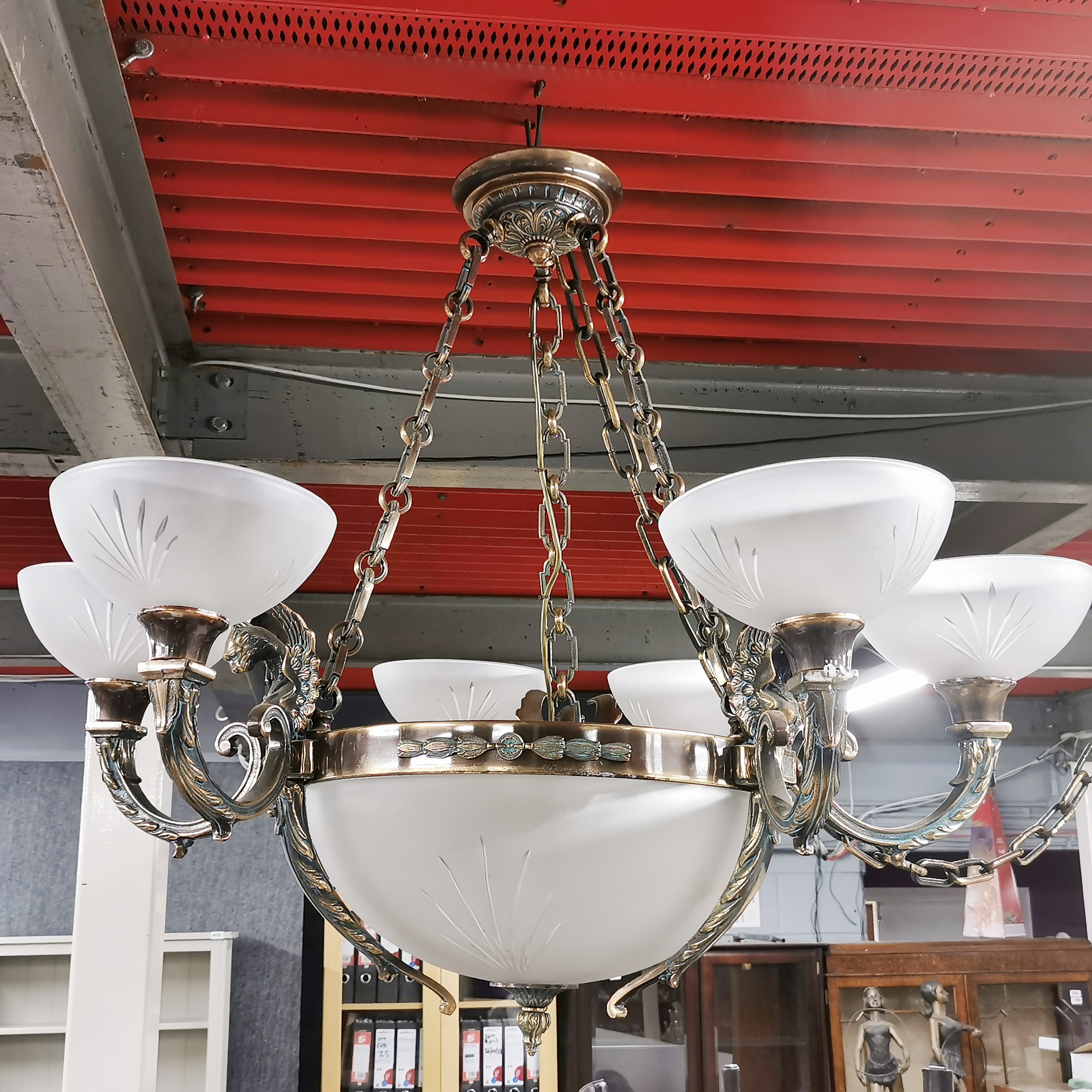 A superb large bronze and cut frosted glass ceiling light, Dia. 96cm. - Image 2 of 8