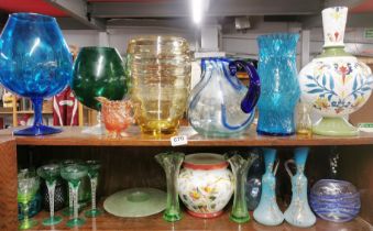 A quantity of good coloured glassware, tallest 31cm.