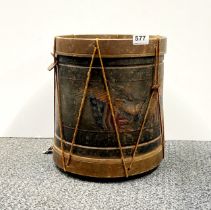 An interesting American tin and wood drum shaped waste paper bin, Dia. 25cm, H. 29cm.
