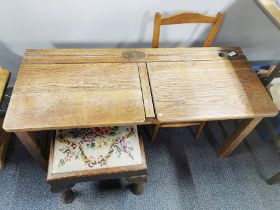 A vintage oak double school desk and chair, desk 101 x 41 x 50cm. Together with a tapestry stool.