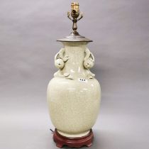 An early-mid 20th century Chinese crackle glazed porcelain vase mounted as a table lamp base, H.