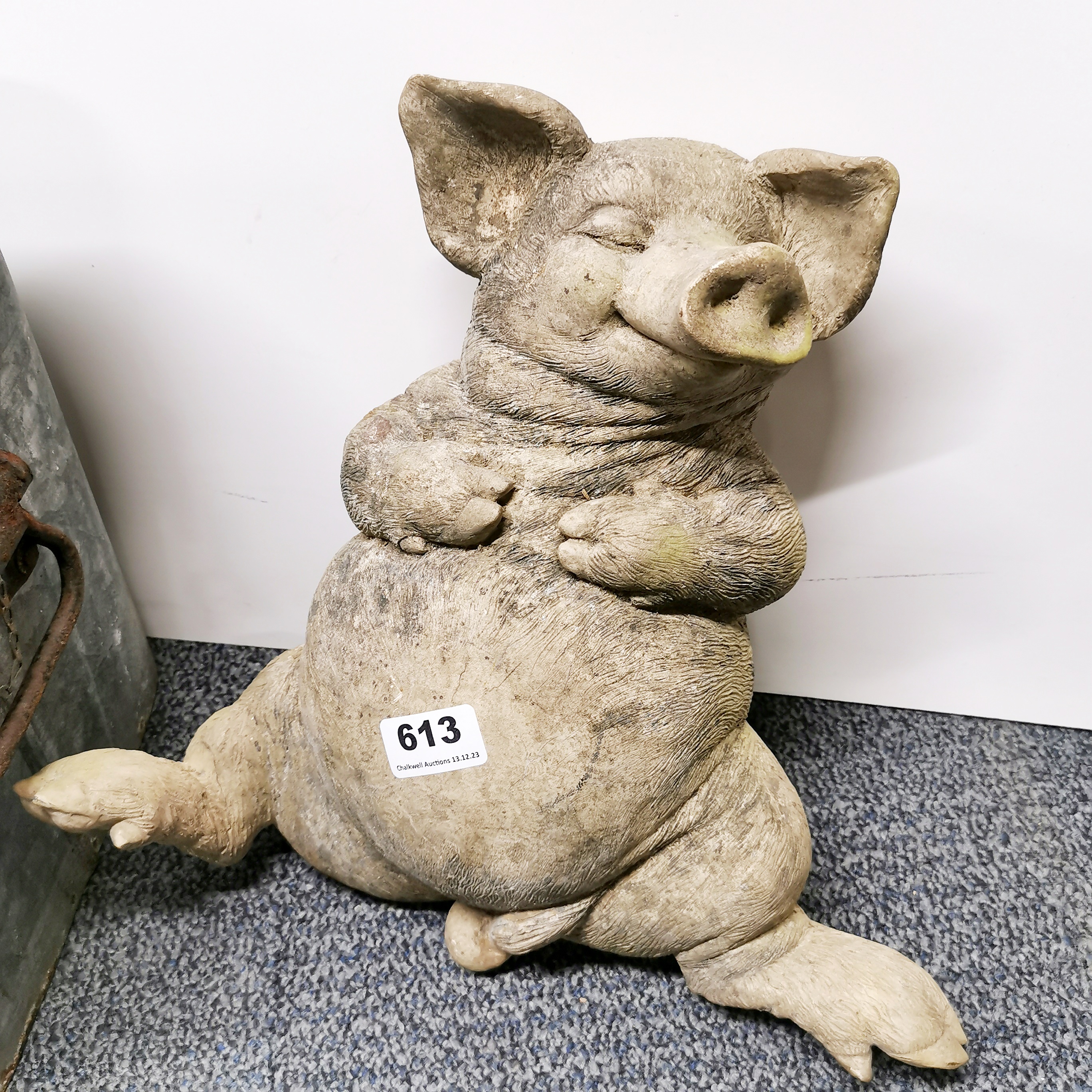 A vintage zinc animal carrier and a garden figure of a pig. - Image 2 of 3