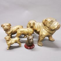 A group of four heavy brass figures of bulldogs, largest 32 x 22cm, together with a cold cast