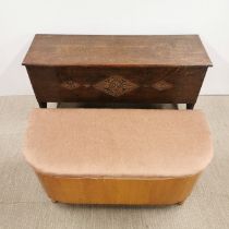 An oak blanket box with carved decoration, 110 x 55 x 35cm together with a further ottoman.